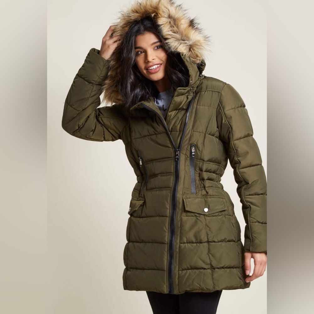 NWT Steve Madden Parka Puffer Coat Women’s Small Olive Green Hood Fur Trim